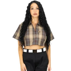 Checker Zip Crop Top Brown/Grey