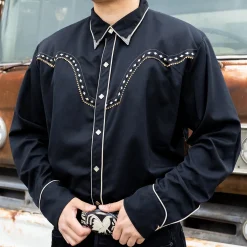 Diamond Yoke Embroidered Long Sleeve Shirt Black