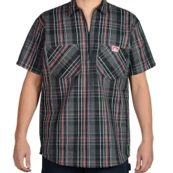 Half Zip Short Sleeve Black & Red Plaid