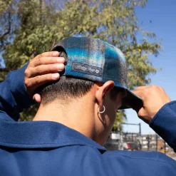 Plaid Flat Brim Hat Grey Turquoise Ombre