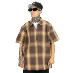 Short Sleeve Checker Zip Shirt Brown/Tan