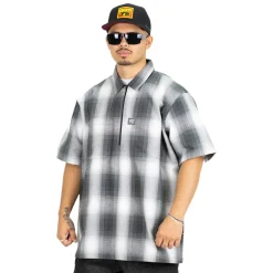 Short Sleeve Checker Zip Shirt Charcoal/White