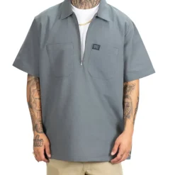 Short Sleeve Checker Zip Shirt Grey